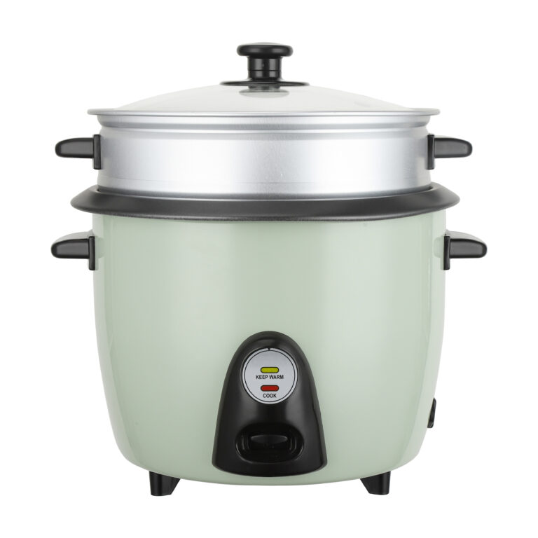 white rice cooker with floral design and stainless steel lid, featuring warm and cook functions